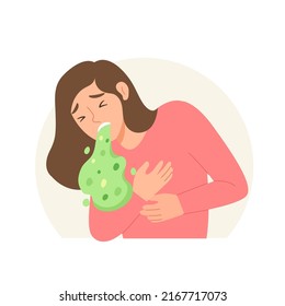 Female Is Is Suffering From Vomiting Isolated On White Background. Concept Of Sickness, Throwing Up, Sickness, Nausea, Food Poisoning. Flat Vector Illustration Cartoon Character.