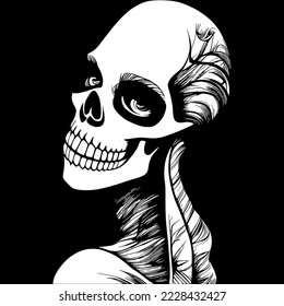 female sugar skull art hand drawn vector black and white clip art
