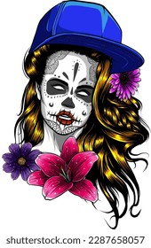 female sugar skull with colorful flowers and hat. vector illustration on white background.