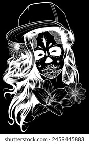 female sugar skull with colorful flowers and hat. vector illustration on black background