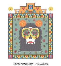 Female sugar skull head framed with colorful religious ornaments and flowers in Mexican Day of the Dead style, vector illustration