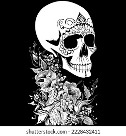 female sugar skull pictures hand drawn vector black and white clip art
