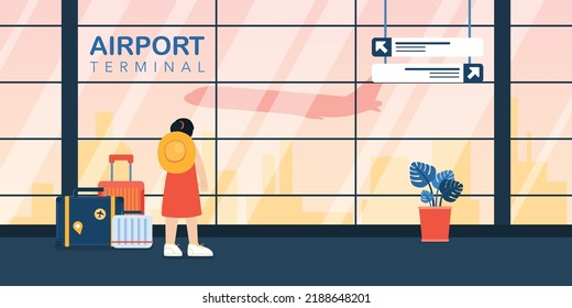 Female With Suitcase And Luggage Looking Outside The Window To The Flying Airplane, Vector, Illustration