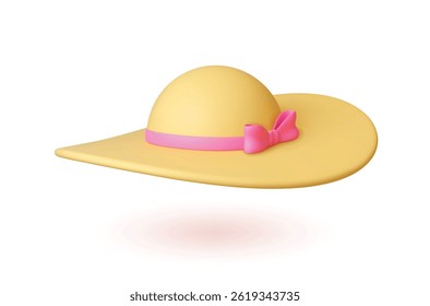 Chapéu 3d de verão feminino. Acessório de cabeça de senhora de férias de praia. Elemento isolado do equipamento de viagem, detalhes da moda da segurança do insolação. Imagem de vetor de renderização realista