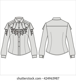 Female summer blouse pastel gray color. Women's classic business shirt with long sleeves and shirt front. Fashion illustration of clothes. Stylish and trendy outfit.