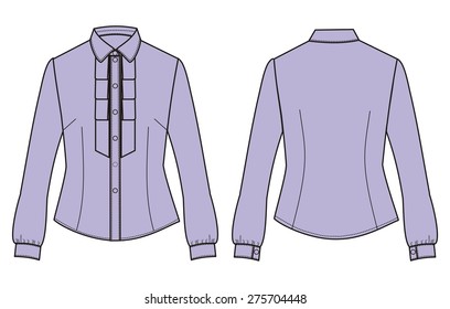 Female summer blouse pastel  lilac color. Women's classic business shirt with long sleeves and shirt front. Fashion illustration of clothes. Stylish and trendy outfit.