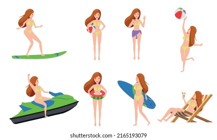 Female summer character vector set woman characters in different summer activities