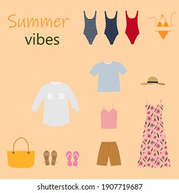 Colección de ropa de verano para mujeres.  Ilustración de dibujos animados planos vectores. Elegante ropa de viaje, aislada en un fondo rosado. Tienda de moda