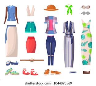 Female summer clothes and stylish shoes. Long dress, elegant costume, bright shorts, fancy skirts and fashionable accessories vector illustrations.