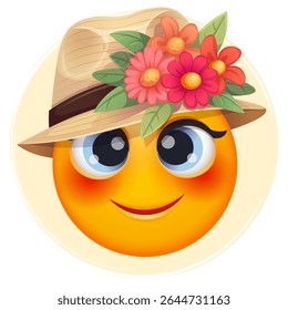 Female summer emoji with straw hat and tropical flowers on white background. Cheerful summer emoticon with happy smiling face shows joy. Positive vibes, good mood, vacation, travel, holiday concept
