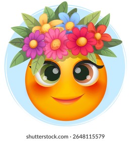 Female summer emoji with tropical flowers on white background. Cheerful summer emoticon with happy smiling face shows joy. Positive vibes, good mood, vacation, travel, holiday concept