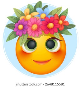 Female summer emoji with tropical flowers on white background. Cheerful summer emoticon with happy smiling face shows joy. Positive vibes, good mood, vacation, travel, holiday concept