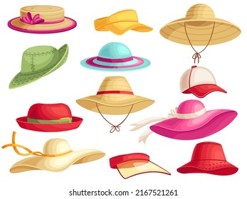 Female summer hats. Beach sun cap, vacation panama and stylish lady hat cartoon vector set. Bright colorful headgear for sunny weather or holiday of sport and elegant style isolated on white