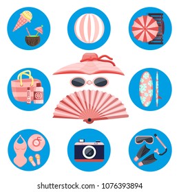 Female summer time weekend vacation holiday beach accessories women girl set. Modern flat cartoons vector illustration icon. Coctail, umbrella, glasses, fan, ice cream, swimsuit, hat, lounger, surfing