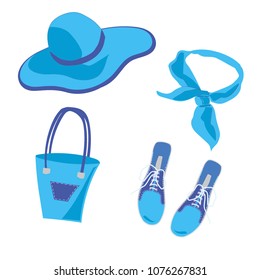 Female summer wardrobe, bag, hat, headscarf, shoes, vector illustration. Isolated on white background