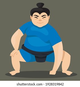 Female Sumo Wrestler In Attacking Position. Japan Character In Cartoon Style.