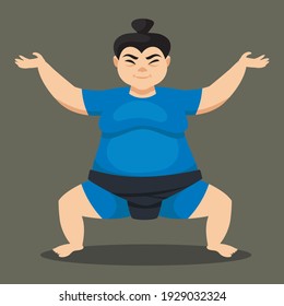 Female Sumo Wrestler Front View. Japan Character In Cartoon Style.