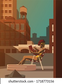 Mujeres tomando sol en la azotea, leyendo un libro y bebiendo una copa de vino