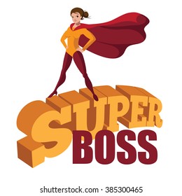 Female Super Boss Standing Heroically On 3d Comic Book Text. EPS 10 Vector.