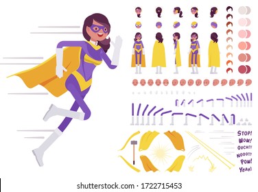 Female Super Hero In Attractive Costume Construction Set With Motion, Sound Effects. Beautiful Wonder Warrior, Superpower Brave Woman In Her Perfect Skills. Cartoon Flat Style Infographic Illustration