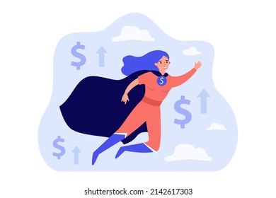 Female super hero flying up in sky along with dollar symbols. Financial rescue from woman in cape of flat vector illustration. Finance, charity concept for banner, website design or landing web page