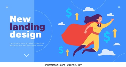 Female super hero flying up in sky along with dollar symbols. Financial rescue from woman in cape of flat vector illustration. Finance, charity concept for banner, website design or landing web page