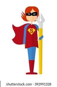 Female superhero c�opywriter. Cartoon flat vector illustration. Objects isolated on a background. 
