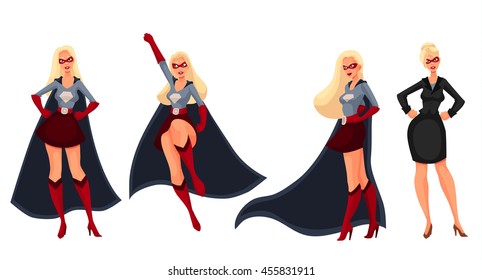 Female superhero cartoon style vector illustration isolated on white background. Set of same woman in business suit and in superhero disguise, super power girl. Business woman as superhero