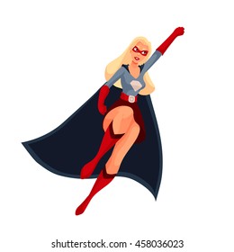 Female superhero cartoon style vector illustration isolated on white background. woman in business suit and in superhero disguise, super power girl. Business woman as superhero