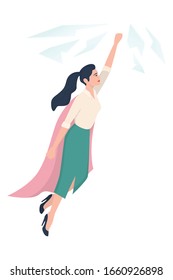 Female superhero character. Young powerful and beautiful woman in superhero cape break glass sealing. Feminism concept. Isolated vector illustration.