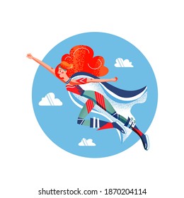 Female Superhero In Costume Flying. Supergirl With Cape Vector Illustration. Cartoon Comic Woman With Powers Posing On Blue Sky Background. Brave Girl Hurrying To Save People.