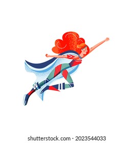 Female superhero in costume flying. Superwoman with cape vector illustration. Cartoon comic woman with powers posing isolated on white background. Brave girl hurrying to save people