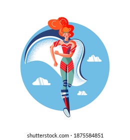 Female Superhero In Costume Running. Superwoman With Cape Vector Illustration. Cartoon Comic Woman With Powers Posing On Blue Sky Background. Brave Girl Hurrying To Save People.