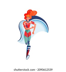 Female superhero in costume running. Superwoman with cape vector illustration. Cartoon comic woman with powers posing isolated on white background. Brave girl hurrying to save people.