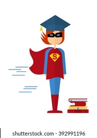Female superhero in education cap. Conceptual education icons. Cartoon flat vector illustration. Objects isolated on a background. 