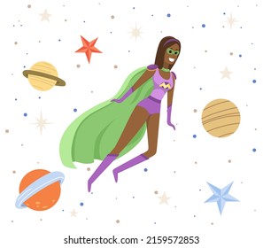 Female Superhero At Galaxy Flying In Space Vector Flat Illustration. Woman In Cosmic Space Near Planet. Concept Of Facing With New And Unknown. Flying Person Exploring Space And Discovering Mysteries