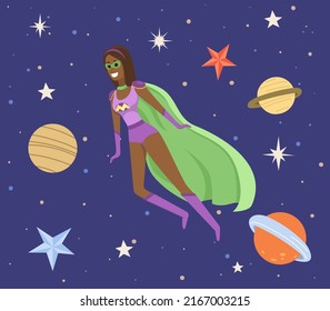 Female Superhero At Galaxy Flying In Space Vector Flat Illustration. Woman In Cosmic Space Near Planet. Concept Of Facing With New And Unknown. Flying Person Exploring Space And Discovering Mysteries