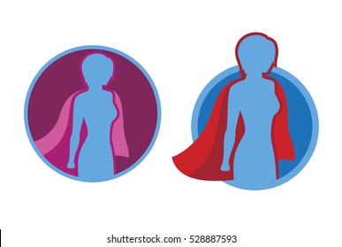 Female Superhero Icon - Vector Superhero Silhouette Wearing Red Cloak Flying On Wind.