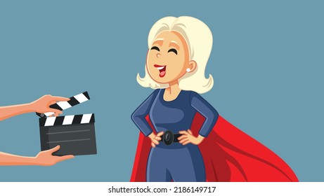 
Female Superhero in Lead Role Motion Picture Concept Vector Illustration. People filming a comic book inspired blockbuster movie 
