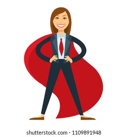 Female superhero in office suit with red tie and cloak