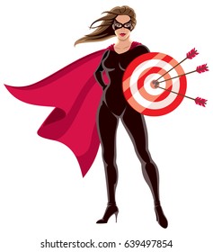 Female Superhero Over White Background Holding Target.