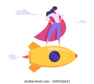 Female Superhero in Red Cloak, Super Employee Girl with Arms Akimbo Flying on Golden Rocket among Clouds in Sky, Business Success, Leadership, Professionalism Concept Cartoon Flat Vector Illustration