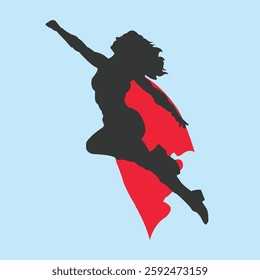 Female Superhero Silhouette – Powerful Woman with Red Cape Flying