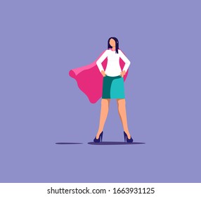 Female superhero standing face forward isolated. Emancipated ambitious businesswoman, strong and confident leader. Isolated on purple. Flat Art Vector Illustration