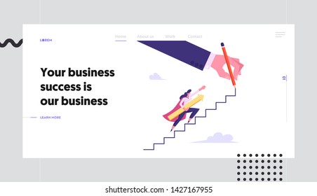 Female Superhero or Super Employee Girl Character Holding Arrow Climbing Upstairs, Business Success and Professionalism Concept Website Landing Page, Web Page. Cartoon Flat Vector Illustration, Banner