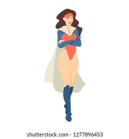 Female superhero or superheroine standing with crossed arms. Beautiful brunette woman wearing bodysuit and cape. Strong and powerful comic character. Colored vector illustration in flat cartoon style.