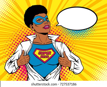 Female superhero. Young sexy afro american woman in mask with short hairstyle dressed in white jacket shows t-shirt with superhero text on the chest. Vector illustration in retro pop art comic style.