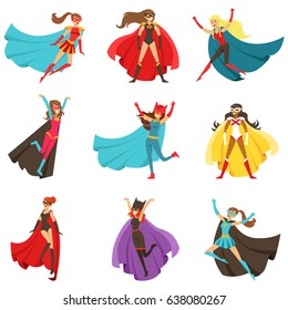 Female Superheroes In Classic Comics Costumes With Capes Set Of Smiling Flat Cartoon Characters With Super Powers