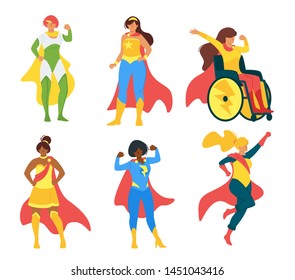 Female superheroes flat vector illustration collection. Women rights campaigners, superheroines cartoon characters. Strong, independent, empowered girls. Feminist community members, leaders