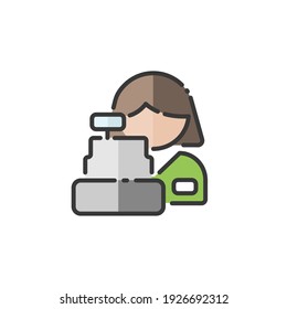 Female supermarket cashier. Woman and a cash register. Filled color icon. Commerce vector illustration